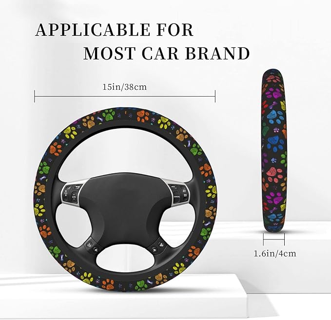 Dog Paw Print Steering Wheel Cover Women Men Elastic Stretch Soft Car Wheel Protector Universal Breathable No-Slip Car Accessories for Truck Van SUV Auto Fit 14-15 Inches