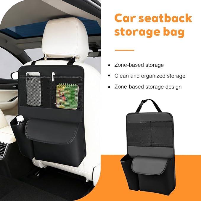 Car Seat Back Organizer, Leather Vehicle Seat Headrest Hanging Bag with Multiple Storage Pockets, Automotive Interior Organization Accessories, Universal for SUV Truck Sedan