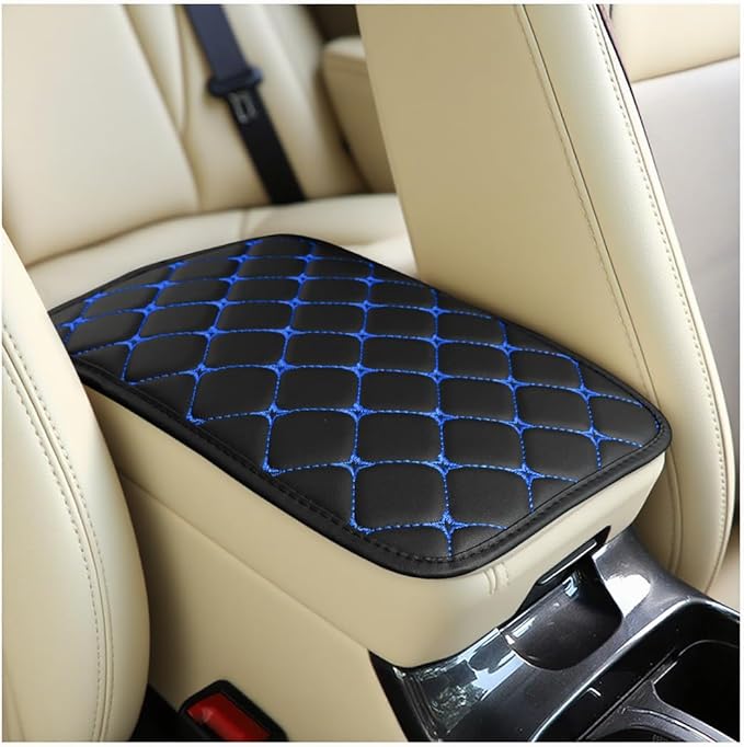 Car Center Console Cushion Pad, PU Leather Vehicle Armrest Cover Protector, Anti-Scratch Automotive Interior Arm Rest Seat Box Mat Accessories, Universal for SUV Sedan Truck (Black/Blue)