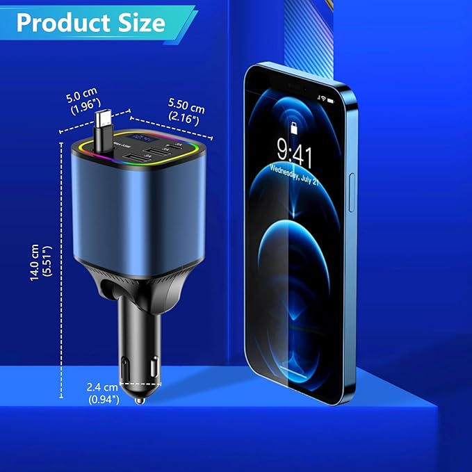 Car Charger USB C Fast Charge, AGEMANY 78W Cigarette Lighter Adapter with C Cable RGB Light & Voltage Display, 4in1 Retractable Car Phone Charger for iPhone 16 15 Android, Car Accessories Gift (Blue)