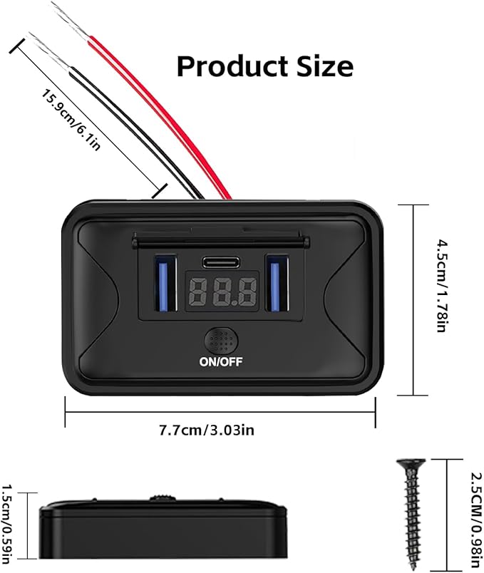 12V USB Outlet,72W Panel Wall Mount Fast Charging Car Charger,Multi Port Car USB Charger Adapter with LED Voltmeter and Switch,for Marine Boat RV Truck