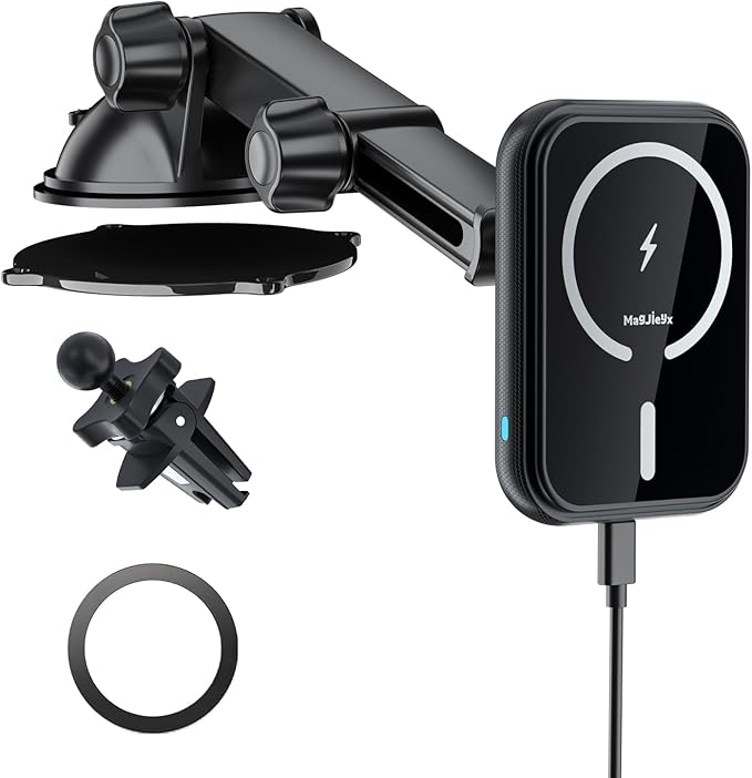 MAGJIEYX for MagSafe Car Mount Charger, (15W Fast Charging) Magnetic Wireless Charging Phone Holder Fits iPhone 16/15/14/13/12 Pro Max Plus/MagSafe Case on Dash/Windshield/Air Vent/Desk Bumpy Roads