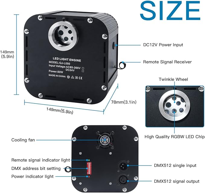 AKEPO 50W RGBW Twinkle Fiber Optic Light Engine, Twinkle + DMX Function + 28-Key Remote for Home Fiber Optic Star