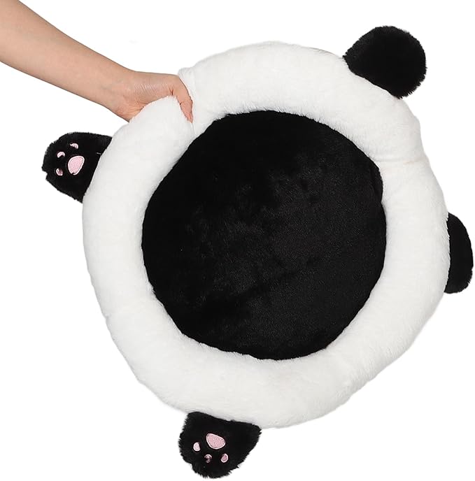 Panda Plush Car Seat Cushion with Lumbar Support for Drivers and Office Chairs, Black Rabbit Fur Blend Round Automotive Seat Pad for Comfortable Driving and Elderly Use