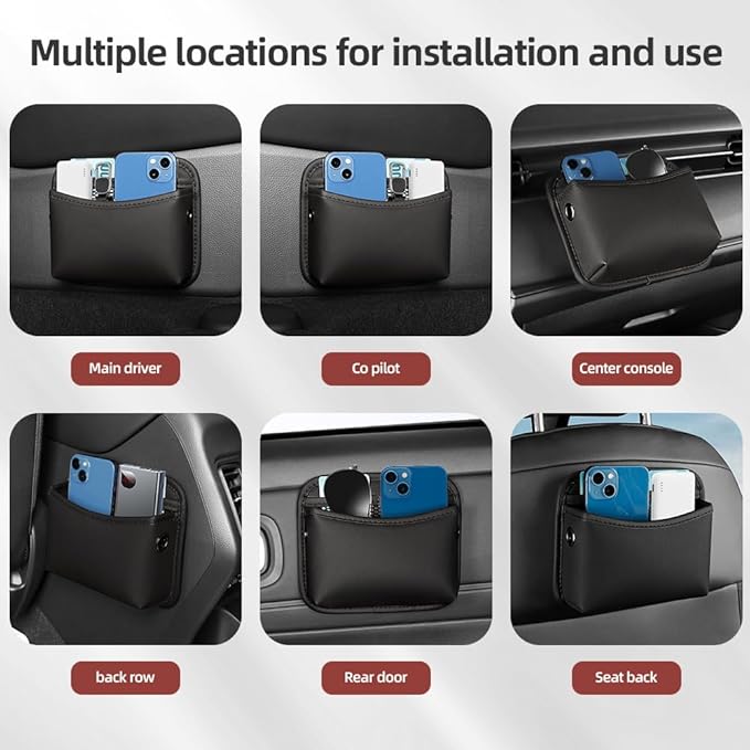 Car Seat Side Pocket Organizer - PU Leather Auto Door Console Mini Storage Bag for Keys, Phone, Sunglasses, Registration, and Documents (Black)