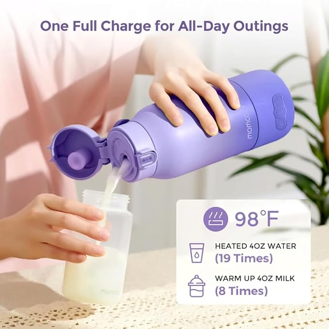 Momcozy Portable Bottle Warmer for Travel – Dual Heating Modes for Breast Milk & Water, Portable Milk Warmer with Fast Heating & Long Battery Life, 17 Ounces Large Capacity, Purple