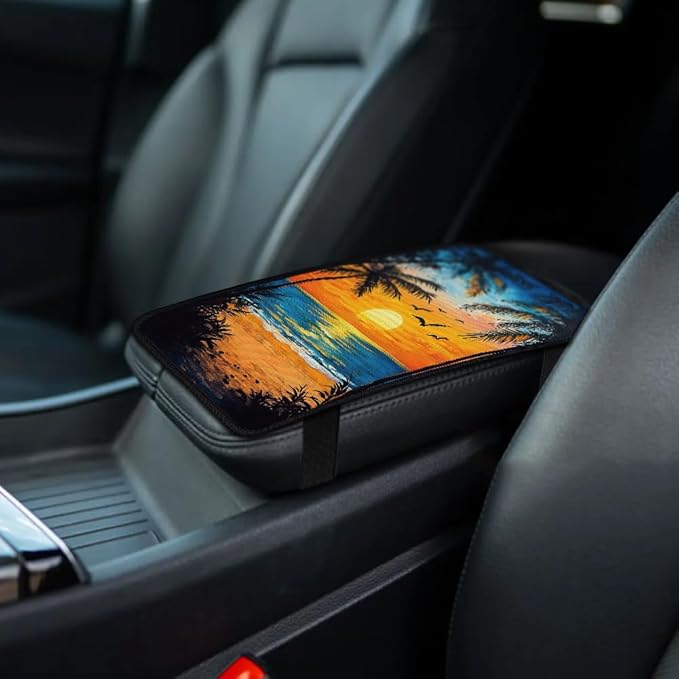 1pc Center Console Armrest Cover Pad 12.6x7.5 inch Palm Tree with Sunset Neoprene Car Armrest Cushion Waterproof Armrests Seat Box Cover Protector for Universal Cars Vehicles SUVs