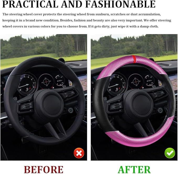 Car Steering Wheel Cover, Steering Wheel Accessories, 15 Inch Microfiber Leather Carbon Fiber Soft Anti-Slip Breathable, Car Accessories Elastic Non-Slip Cover for Most Vehicles (Pink)