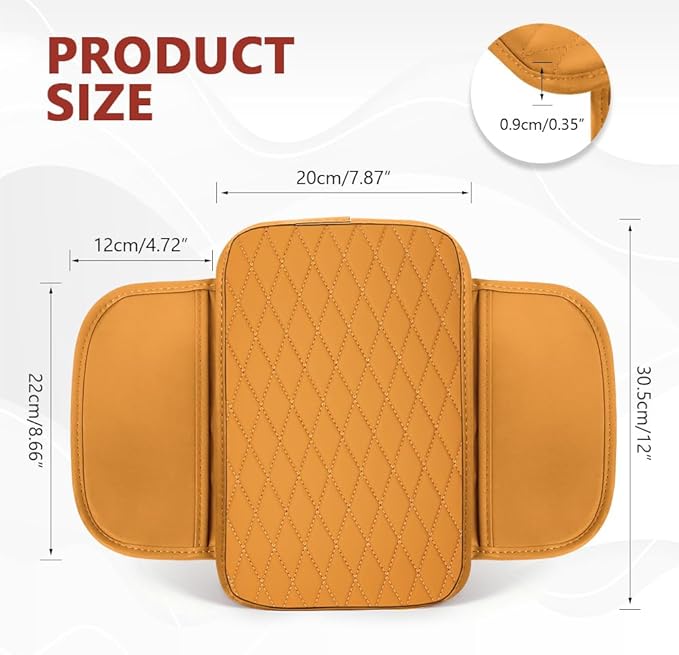 Car Center Console Cover, 12"×7.87" Waterproof Leather Auto Armrest Cover Protector with 2 Pocket, Comfortable Arm Rest Box Cushion Pad, Universal Interior Car Accessories (Yellow)