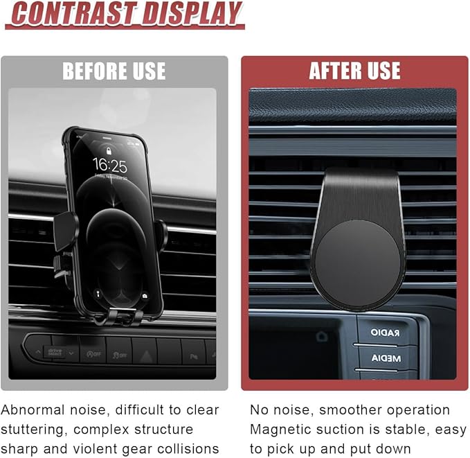 YoRise Magnetic Car Phone Holder, L Type 360° Rotatable Adjustable Car Air Vent Cellphone Mount, No-Hand Clip-On Navigation Bracket, Universal Vehicle Smartphones Stand Accessories (Black)