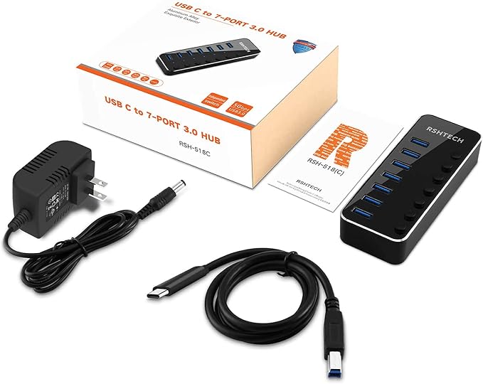 Powered USB Hub RSHTECH Type C to 7 Port USB 3.0 Data Port Hub Expander Aluminum Portable Splitter with Universal 5V AC Adapter and Individual On/Off Switches for Laptop and PC(Black)