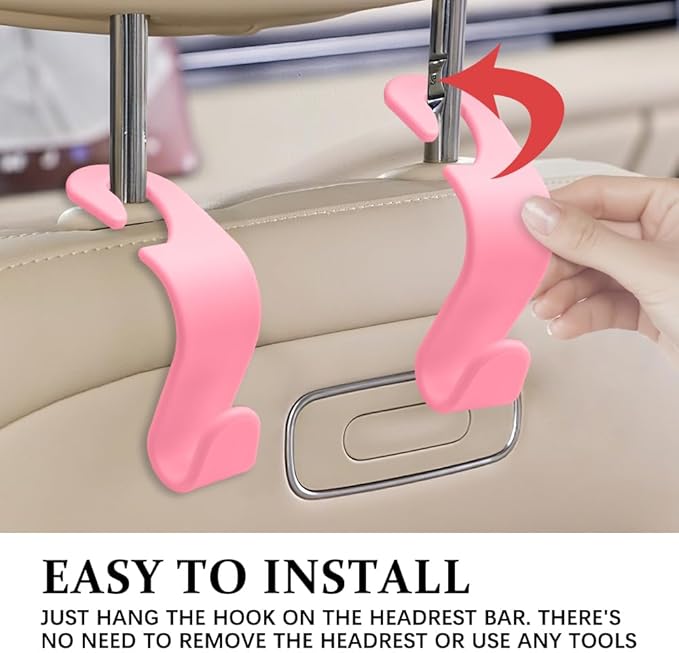 4PCS Car Seat Headrest Hooks, Purse Hook for Car, Auto Back Seat Organizer Storage Hanger Holder, Auto Accessories Multi-Use Portable Headrest Organizer Holder for Purse Handbag Coats (Pink)
