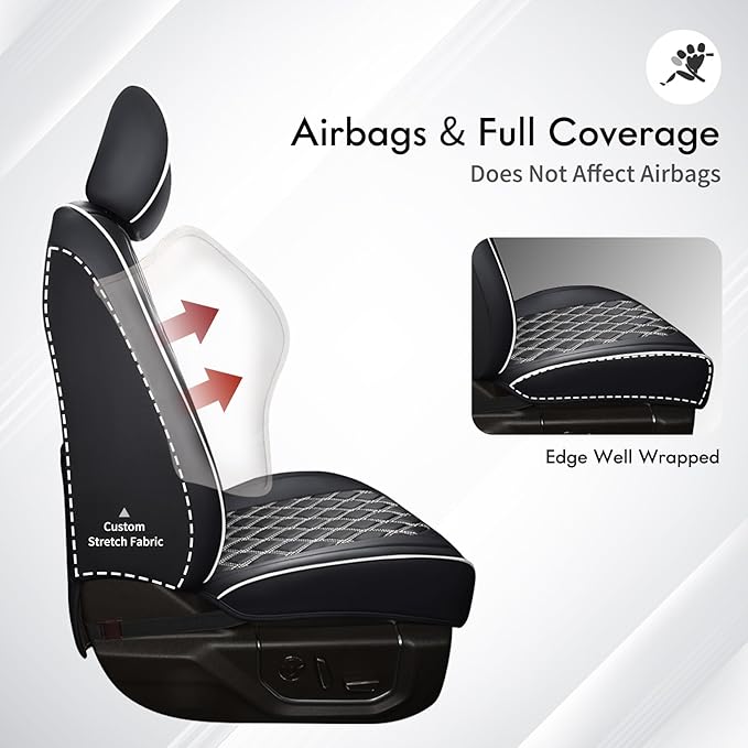 Huidasource Tacoma Front Car Seat Covers, Leather Seat Cushion Cover Fit for 3rd Gen Toyota Tacoma 2016-2023 Double&Crew Cab SR,SR5, Limited,TRD Pro, TRD Sport, TRD Off-Road(Front Pair/Black&White)