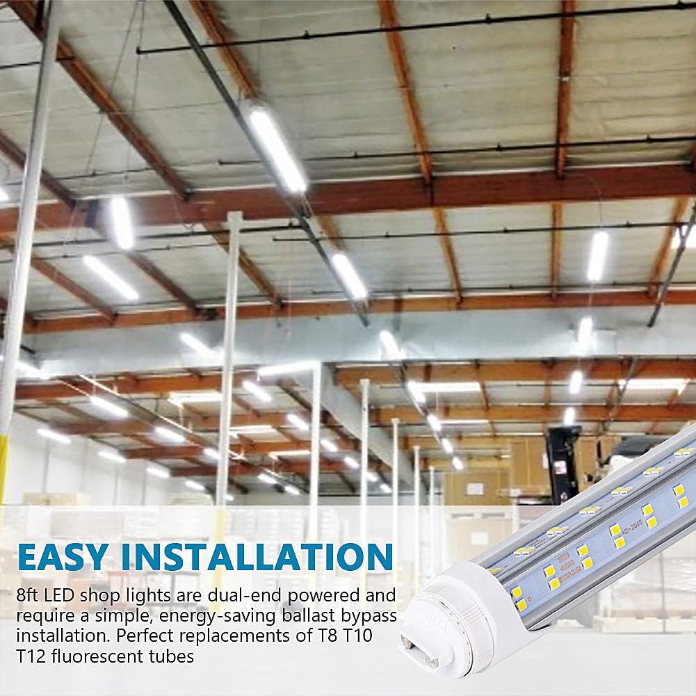 10PCS, LED Shop Light 8FT Tube, 2 Pin LED Tube Lights 270 Degree Angle, V Shaped 4 Row LEDs,R17D HO Rotatable LED Bulb, 144W, Clear Cover, Cold White 6000k, Fluorescent Tube Replacement