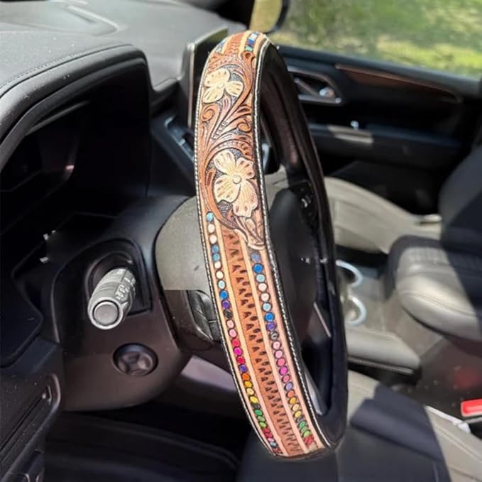 Western Steering Wheel Cover,Retro Western Cowboy Car Universal Steering Wheel Cover,Embossed Hand-Painted Leather Western Car Accessories, for Women Man, Anti-Slip Design Easy to Install (C)