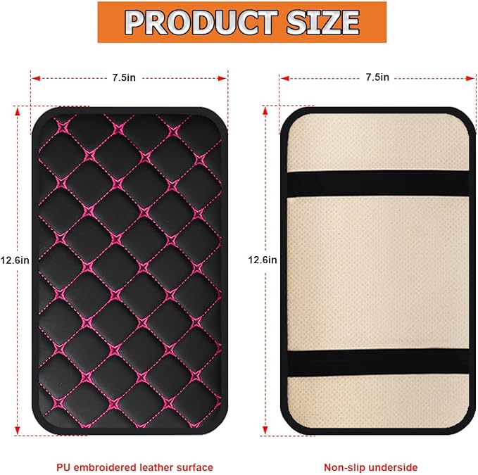 HZEL Car Center Console Cushion Pad, PU Leather Vehicle Armrest Protection Cover, Waterproof Automotive Interior Arm Rest Seat Box Mat Accessories, Universal for SUV, Sedan, Truck (Black/Rose Red)