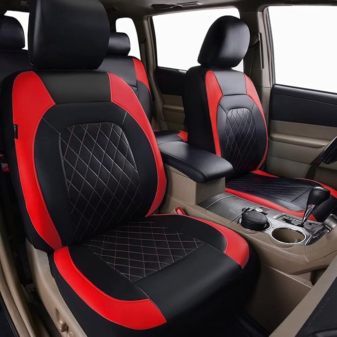 Universal Faux Leather Car Seat Covers Full Set Airbag Compatible Breathable Fit for Cars Trucks SUVs Deluxe Pu Luxury Vinyl(Black with Red)