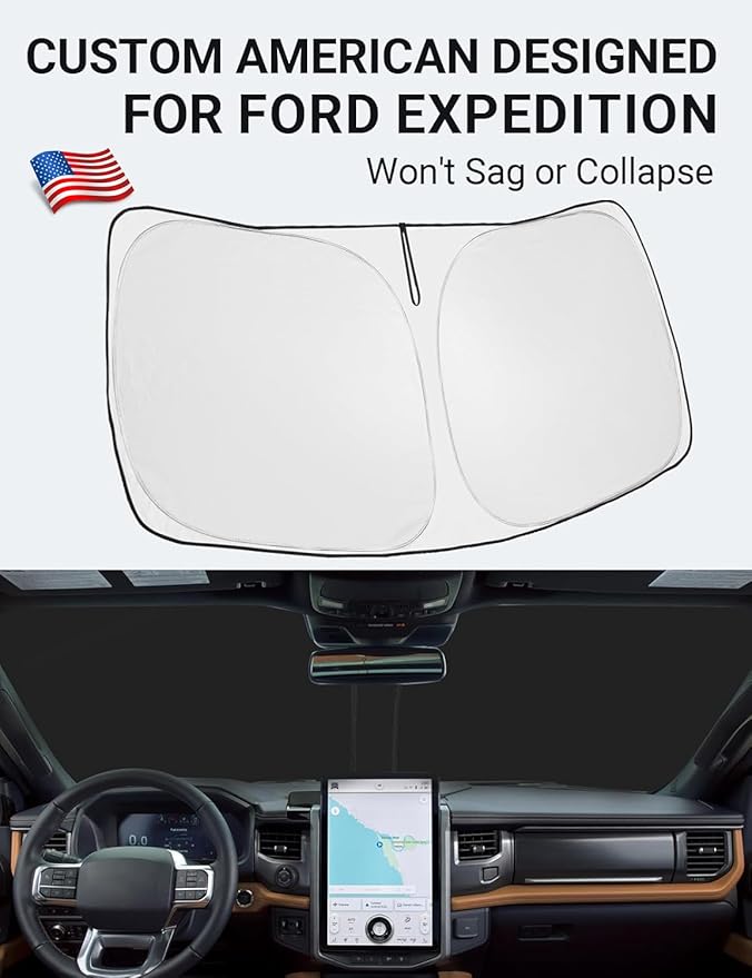 Proadsy 2026 Upgrade Front Windshield Sun Shade Foldable Sunshade Protector Custom Fit 2018-2024 Ford Expedition Accessories