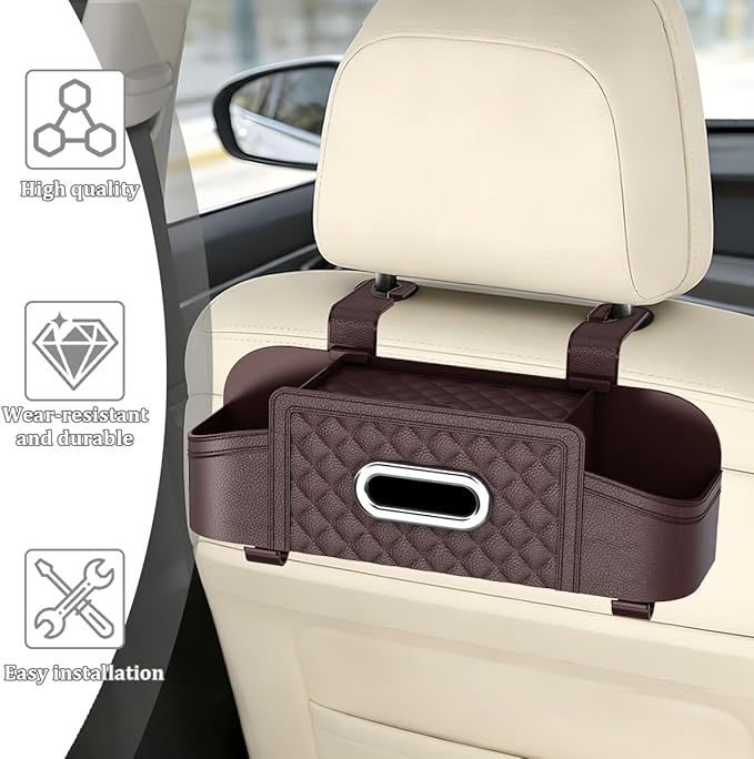 Car Backseat Organizer, 4-in-1 Multifunctional Vehicle Seat Back Tissue Box with Cup Holder & Hook, Automotive Backseat Hanging Storage Box for Bag Phone Drink, Universal for Vehicles (Brown)