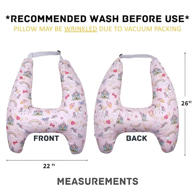 Travel Pillow Car Cushion for Kids 6 Years Old+ Shoulder Neck Back Support & Seat Belt Comfort, Road Trip Cozy Sleeping Gift for Young Travelers, Parents, Families, Baby Shower (Unicorn Pink)