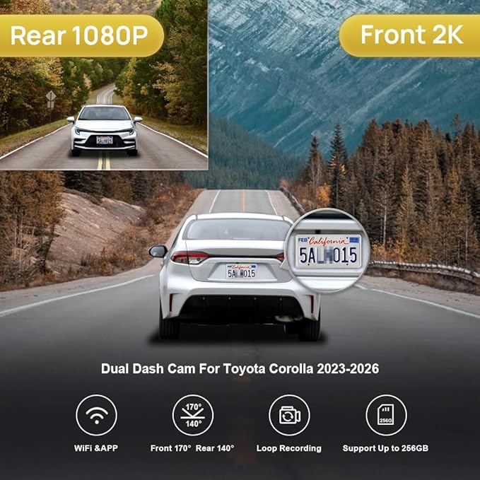Fitcamx Front 2K+Rear 1080P Dash Cam Adapts for Toyota Corolla 2023-2026 Sedan Hybrid Hatchback, OEM Style, Dual HD Video, Built-in WiFi & APP, Loop Recording, G-Sensor, Easy to Set, 64GB Card