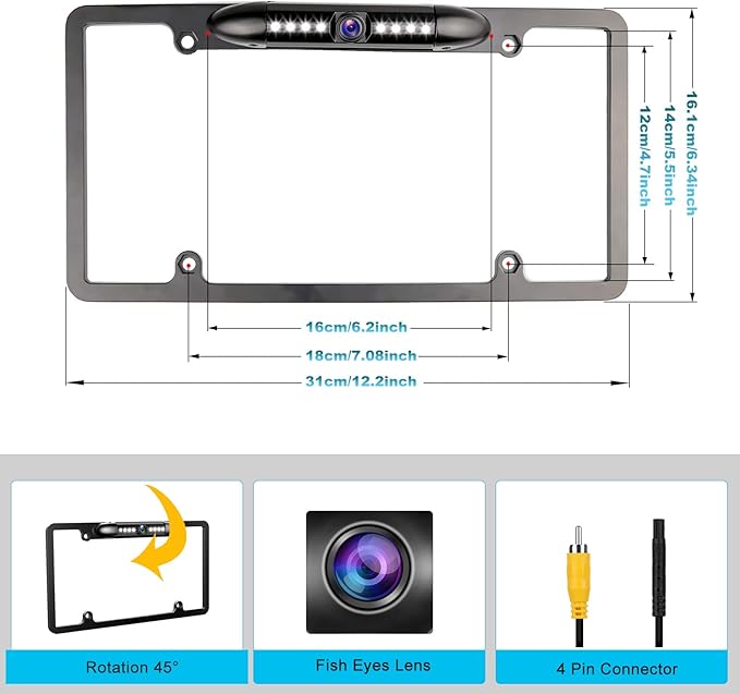 GLK Backup Camera 1080P Rear View Reverse Camera - License Plate Backup Camera, Startlight Night Vision Wide Angle IP69 Waterproof CVBS-AHD Metal Housing, for 12-24V Cars