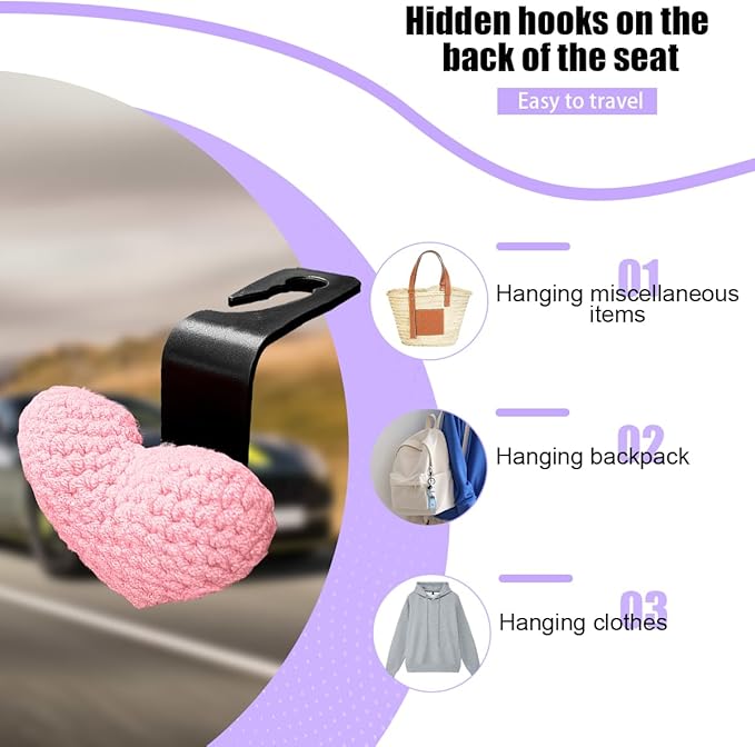 2PCS Car Headrest Hook, Cute Wool Heart Vehicle Seat Hangers for Umbrellas Grocery Bags, Automotive Interior Backseat Storage Organizer Hook, Universal for SUV, Sedan, Truck (Pink)