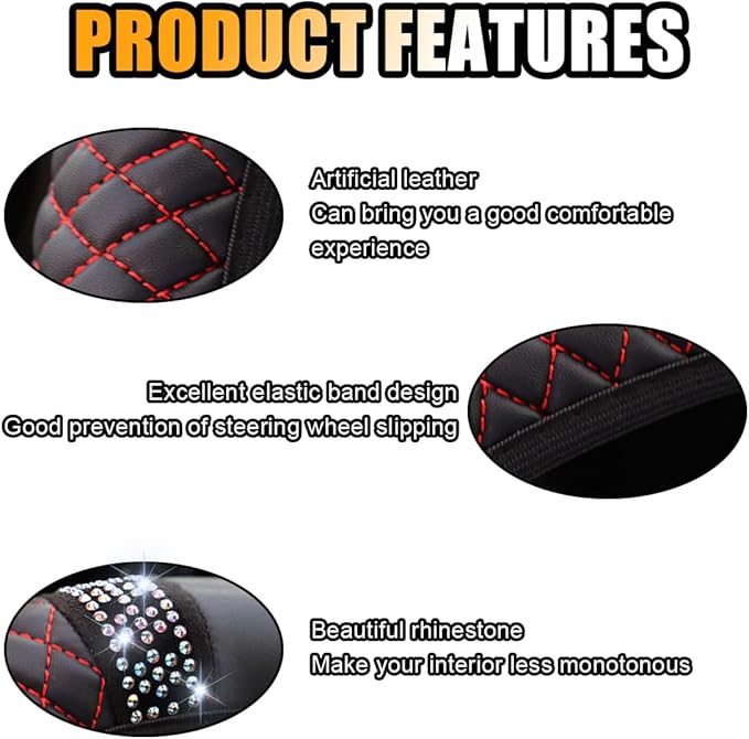 Bling Soft Leather Steering Wheel Cover, 15 Inch Colorful Rhinestones Auto Elastic Protector with Crystal Diamond for Women Girls, Car Accessories for Most Cars, SUVs (Black Red)