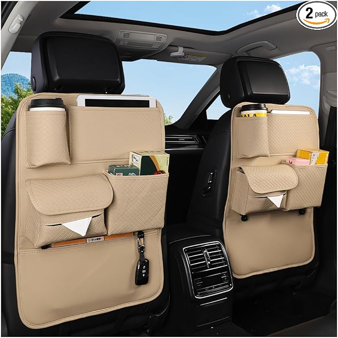 Car Backseat Organizer, 2PCS Leather Woven Multipurpose Vehicle Seat Back Protector with 4 Storage Pockets & Hook, Waterproof Automotive Kick Mat, Universal for SUV RV Truck (Beige)
