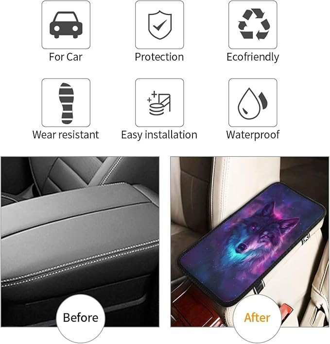 Car Center Console Cover Purple Wolf Print Polyester Fabric Car Armrest Cover Cool Animal on Galaxy Nebula Universal Car Interior Accessories for Most Vehicles SUVs Truck Sedans