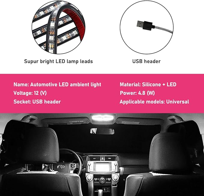 Car LED Strip Light, 24 LEDs RGB Neon Interior Atmosphere Lights, 12V Under Dash Ambient Night Light, USB Port Auto Interior Decorative Lamp, Universal Car Accessories (White)