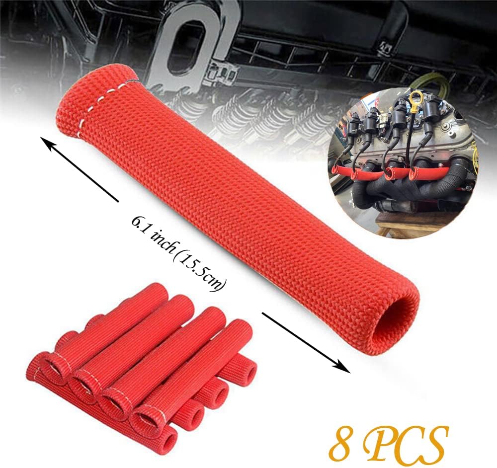 Spark Plug Wire Boots Thermal Protection Insulator Sleeve, 1200 Degree Heat shield Cover Wrap 6 inch for Car Truck 8PCS(red)