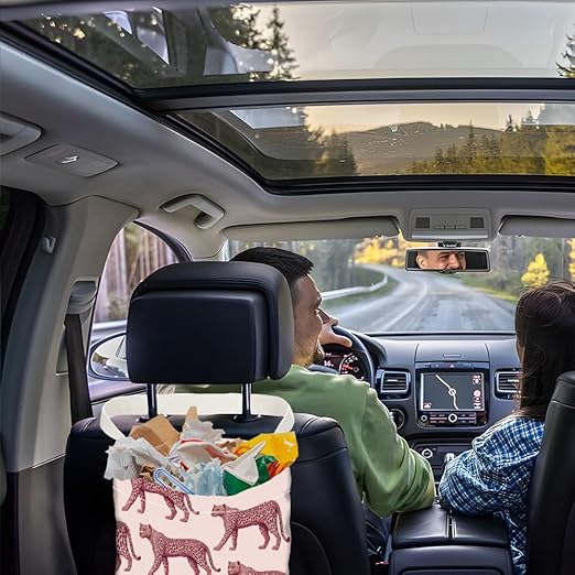 Leopard Print Car Trash Bag Hanging Garbage Bag with Snap Buttons Car-Back Seat Trash Storage Portable Dustbin for Car Interior Accessories Travel Camping