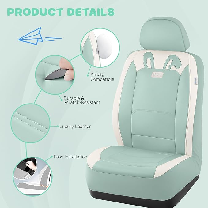 PIC AUTO Car Seat Covers, Cute Rabbit Premium Green Leather Seat Covers, Universal Fit Front Seat Covers for Cars, Trucks, SUVs, Soft & Wear-Resistant Auto Interior Protection with Airbag-Compatible