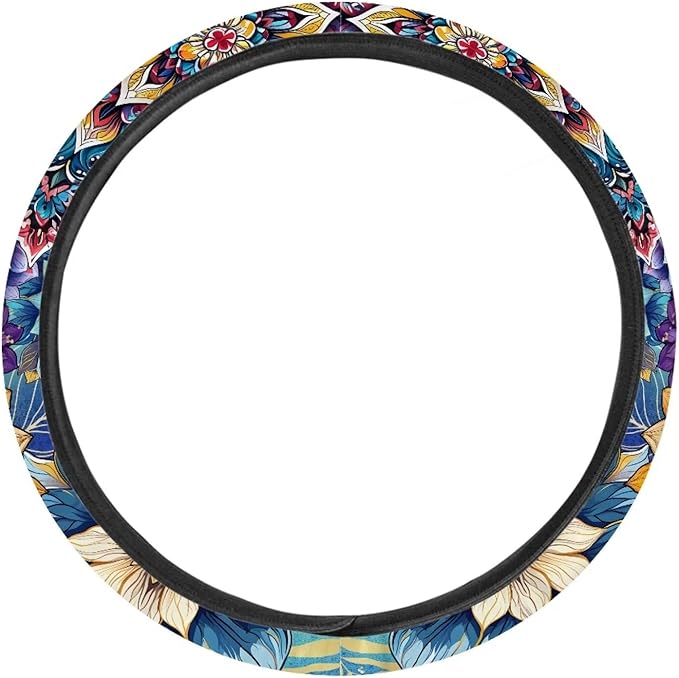 AFPANQZ Car Steering Wheel Covers for Womens Boho Flower Steering Wheel Cover Soft Anti-Slip Rubber Stretch-on Steering Wheel Protector Cover Sweat Auto Accessories Interior Decor