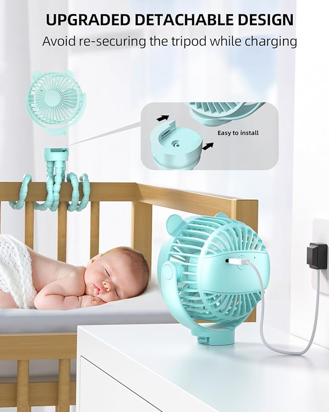 buywoo Portable Stroller Mini Fan, Small Rechargeable Personal Cooler w/ 360° Rotation, Baby Essentials for Car Seat, Crib, Bike, Treadmill, 3-Speed Battery Powered Stroller Accessories, Mint