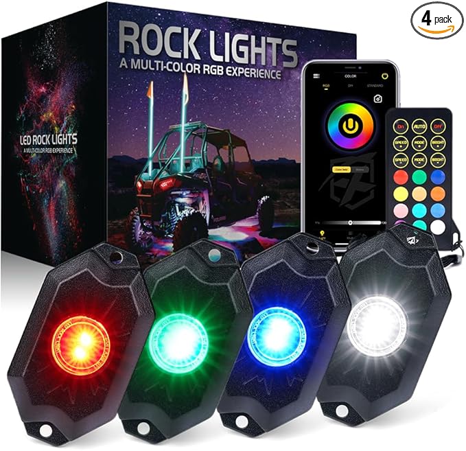 Xprite RGBW LED Rock Lights Kit with Bluetooth & Wireless Remote Controller, Multicolor Cars Underglow, Wheel, Footwell Neon Light Kits, for Off-Road UTV ATV Trucks SUV Motorcycle Boats - 4 Pods