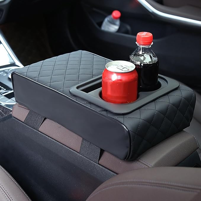 Car Center Console Armrest Pillow with Cup Holder, Leather Middle Console Protection Cushion with Phone Holder, Memory Foam Auto Arm Rest Box Cover, Universal Vehicle Accessories (Textures)