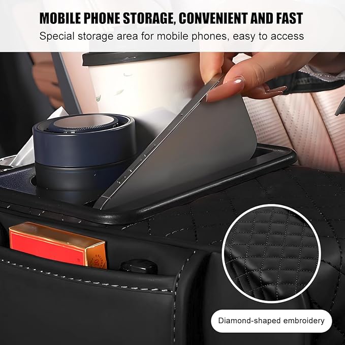 Car Armrest Cushion, 5-in-1 Nappa Leather Vehicle Centre Console Cover with 2 Storage Pockets, Cup Phone & Phone Holder, Multifunctional Auto Organiser Accessories, Universal Fit (Black)