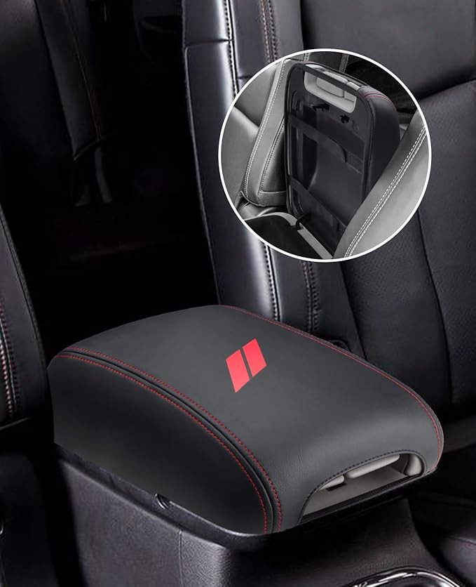 INTGET Car Rear Armrest Cover for Dodge Durango Accessories 2011-2023 Leather Middle Center Console Arm Rest Box Lid Seat Protector Cushion Saver (Red Stitches, 2011-2023)