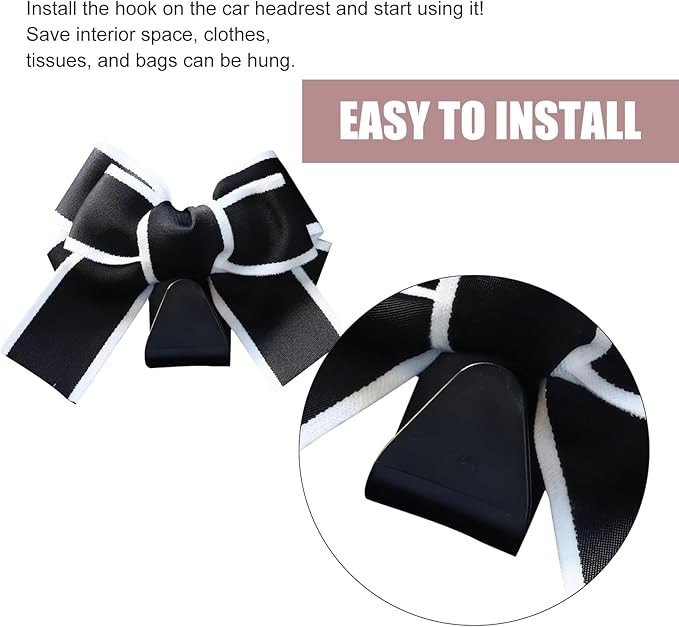 2 Pack Car Seat Headrest Hooks, Cute Bow Design Backseat Hook Storage Organizer for Purses, Handbags, Coats, Umbrellas, Cute Car Accessories for Women and Girls (Black & White)