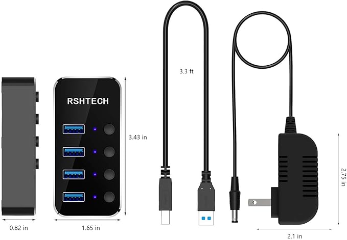 Powered USB Hub, RSHTECH 4 Port USB 3.0 Hub Splitter Portable Aluminum USB Data Hub Expander with Individual On/Off Switch and Universal 5V AC Adapter, 3.3ft USB 3.0 Cable (RSH-516)