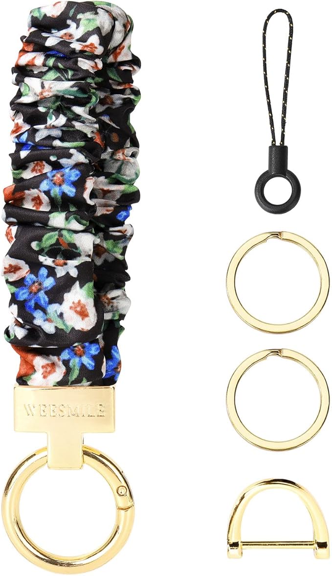 WEESMILE Keychain Wristlet, Stretchy Key Chain for Car Keys with D ring, Cute Scrunchie Wrist Bracelet for Women Men