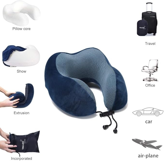 TALLGO Travel Pillow, Best Memory Foam Neck Pillow Head Support Soft Pillow for Sleeping Rest, Airplane Car & Home Use (Dark Blue)