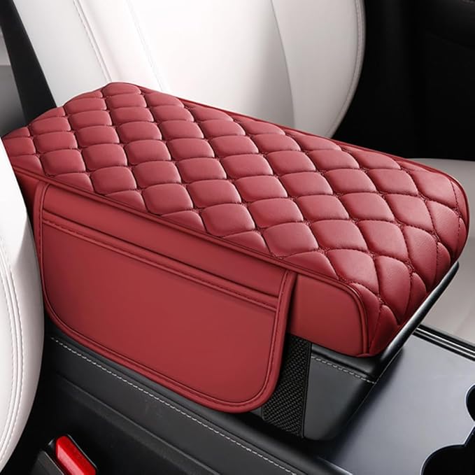 Universal Memory Cotton Car Armrest Box Pad, 2026 New Leather Car Armrest Box Pad with 2 Storage Bags, Auto Armrest Seat Box Cover, Center Console Cover Cushion for SUV, Car, Truck (Red)