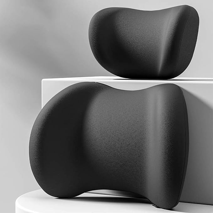 Car Headrest & Lumbar Support Cushion, Ergonomic Car Seat Headrest & Lumbar Cushion with Adjustable Strap for Neck Back Pain Relief, Memory Foam & Breathable Car Head Lumbar Rest Set (Black)