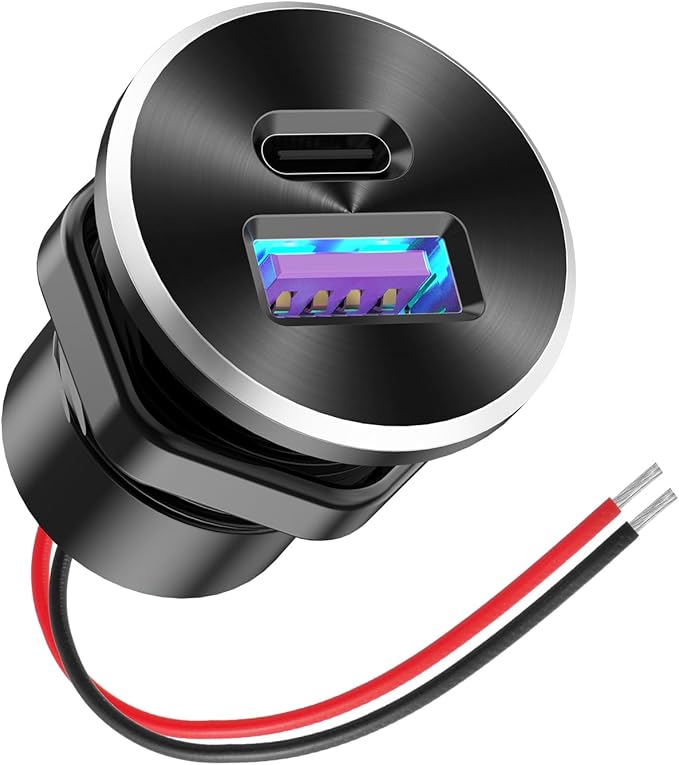 Mini 12V USB Outlet Aluminum Car Charger with PD30W and QC 18W Ports, 22mm Diameter Flush-Mounted Pre-Wired Cigarette Lighter Replacement Charger Socket for Car Boat RV Truck Motorcycle, etc.