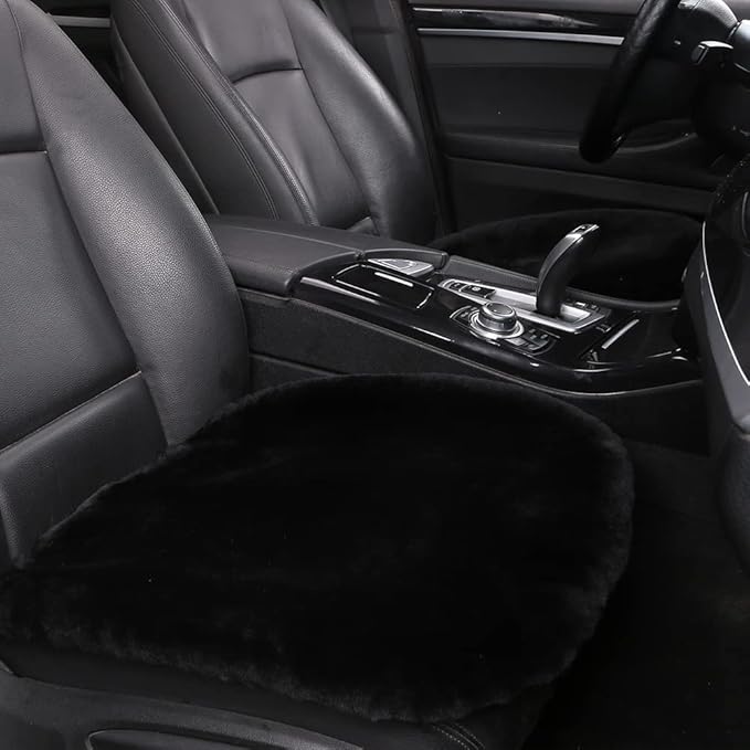 Genuine Sheepskin Auto Seat Pad, Australian Soft Wool Seat Cover Breathable and Sweat-Wicking Universal Fit (Front seat Cushion 2pcs & Rear seat Cushion 1pc, Black)