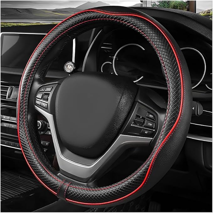 Car Steering Wheel Cover, 15 Inch Anti-Slip Breathable Leather Auto Steering Wheel Protector, Full Surround Soft Steering Wheel Cover for Men Women, Car Interior Accessories (Black & Red)