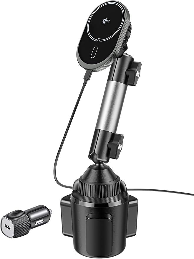 A2C for Magsafe Car Mount Charger, QI2 15W Wireless Fast Charging Cup Holder Phone Charger - Dual Cooling System, Aluminum Alloy Tri-Pivot Arm, 18 N54 Strong Magnets for iPhone 17/16/15/14/13/12 Only